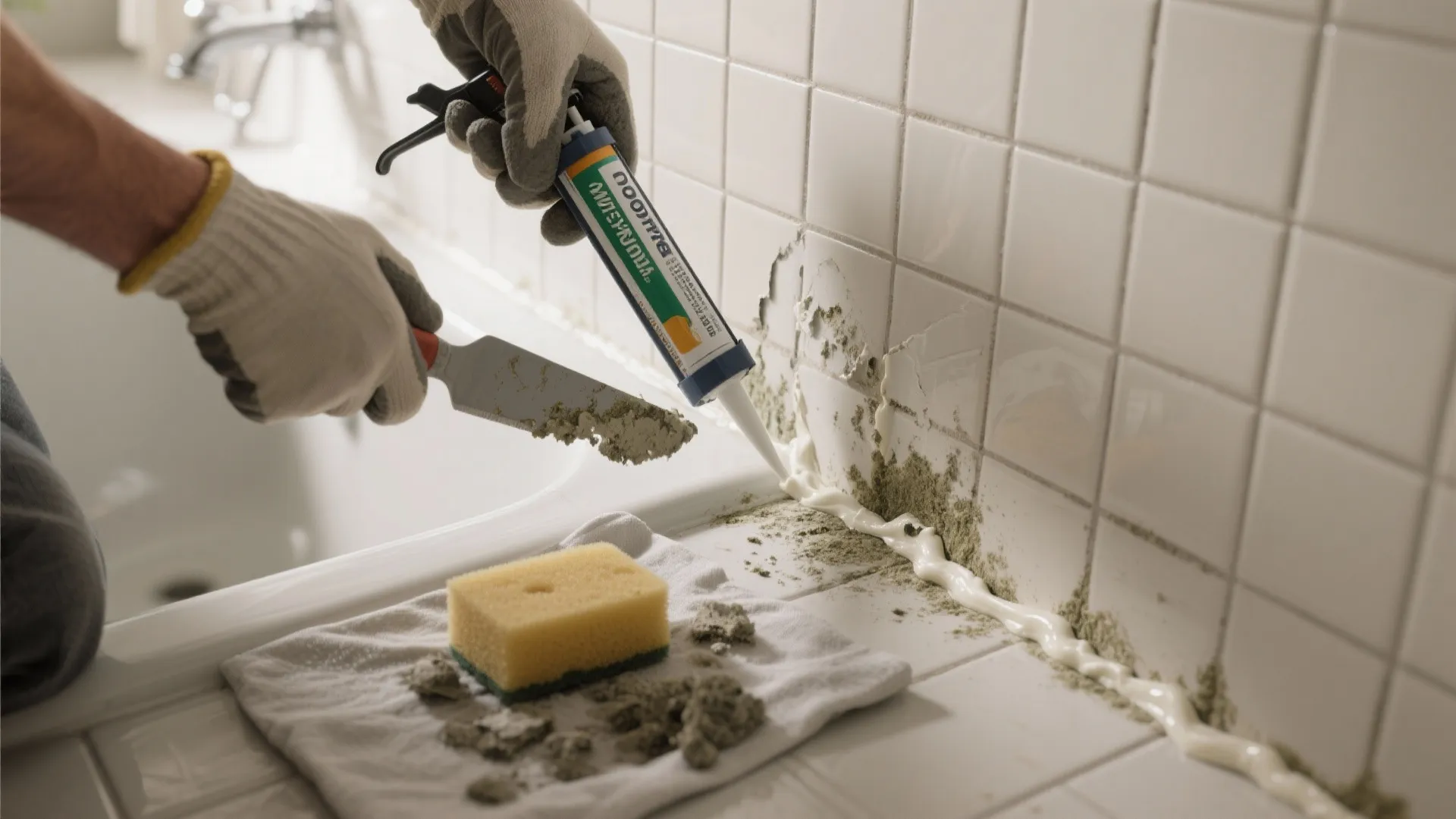 Person wearing gloves applying white sealant to dirty bathroom wall tiles using a professional tool