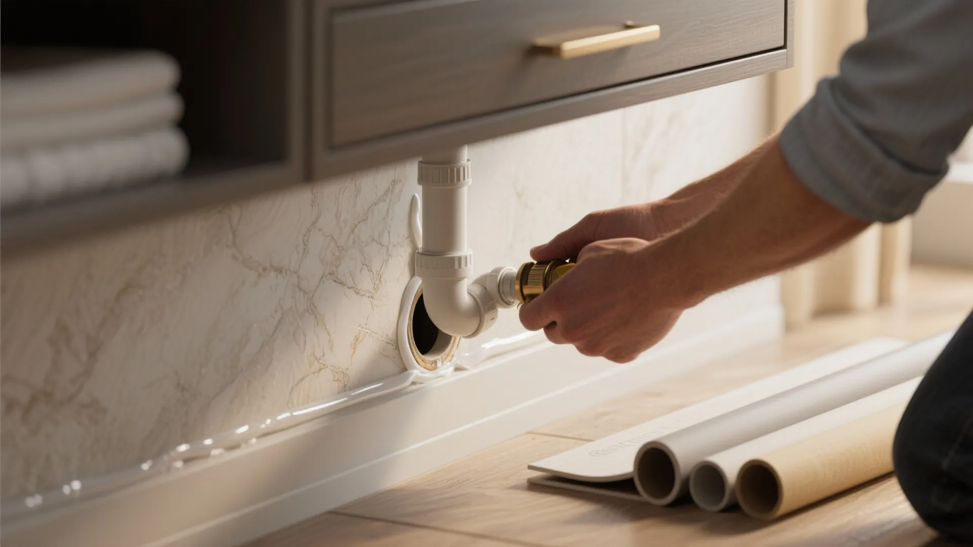 Hands connecting a white water pipe under a wooden cabinet with sealant applied along the floor