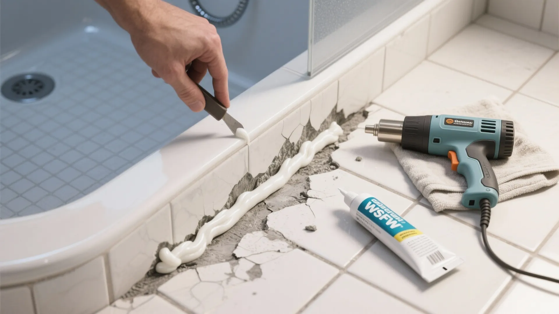 Applying white sealant to bathroom floor tiles using a small tool near a heat gun