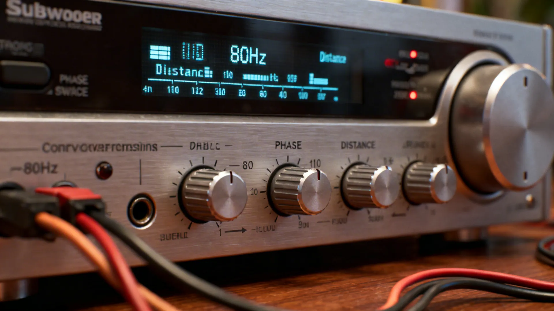 Close up of audio receiver with silver knobs and digital display showing the frequency settings