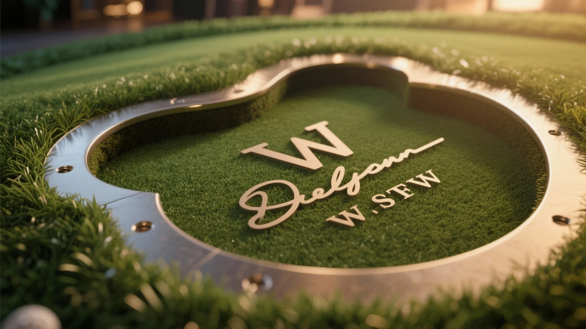 Gold brand logo placed on green grass inside a metal frame for creative office decoration