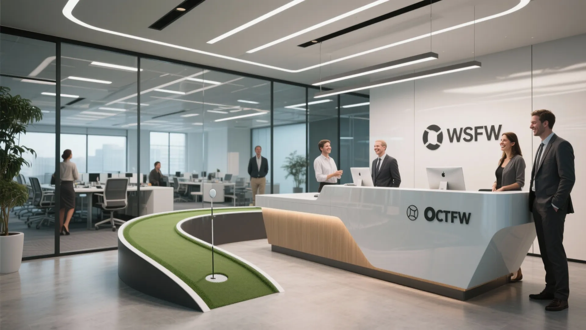 Reception desk area with mini golf loop-de-loop ramp