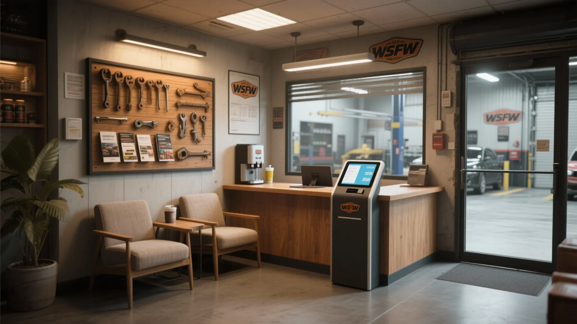 Compact reception nook with beverage station, tablet kiosk, and sightlines to the service bays in a shop setting.