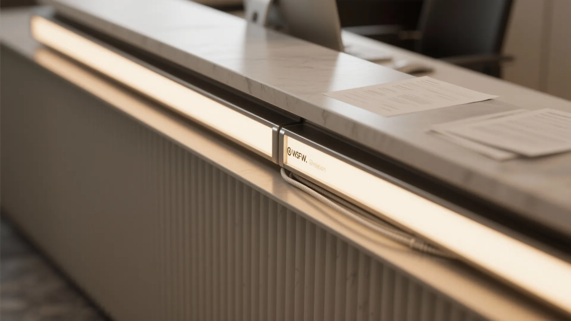 Macro of high-CRI under-shelf LED task light with clean cable management on a matte reception desk.