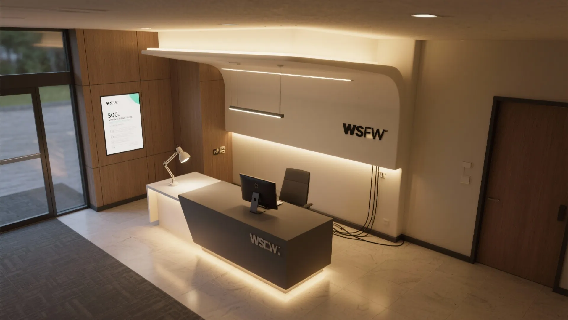 Top-down view of a reception desk with layered task lighting: overhead ambient, under-shelf LED, and a small spotlight.
