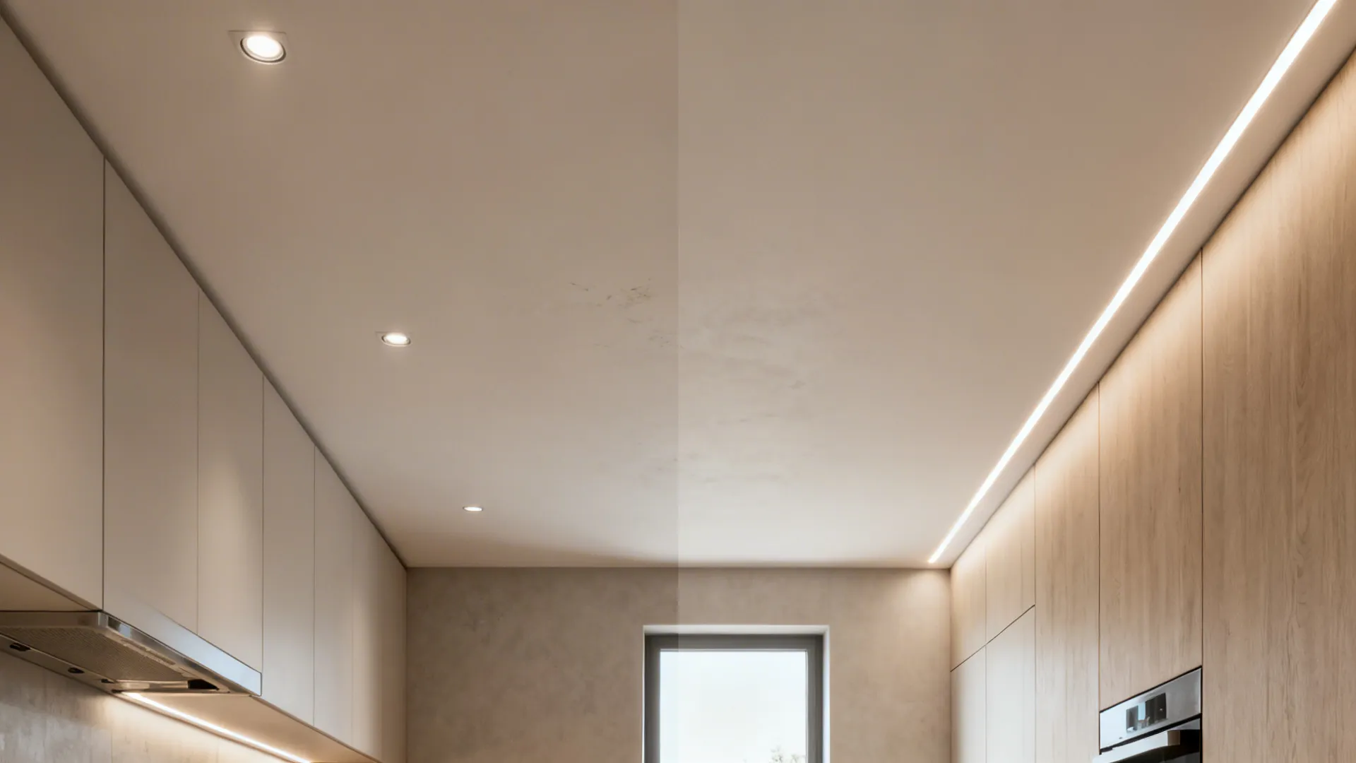 Before-and-after of a small kitchen ceiling showing harsh downlights versus soft perimeter recessed LED channels.