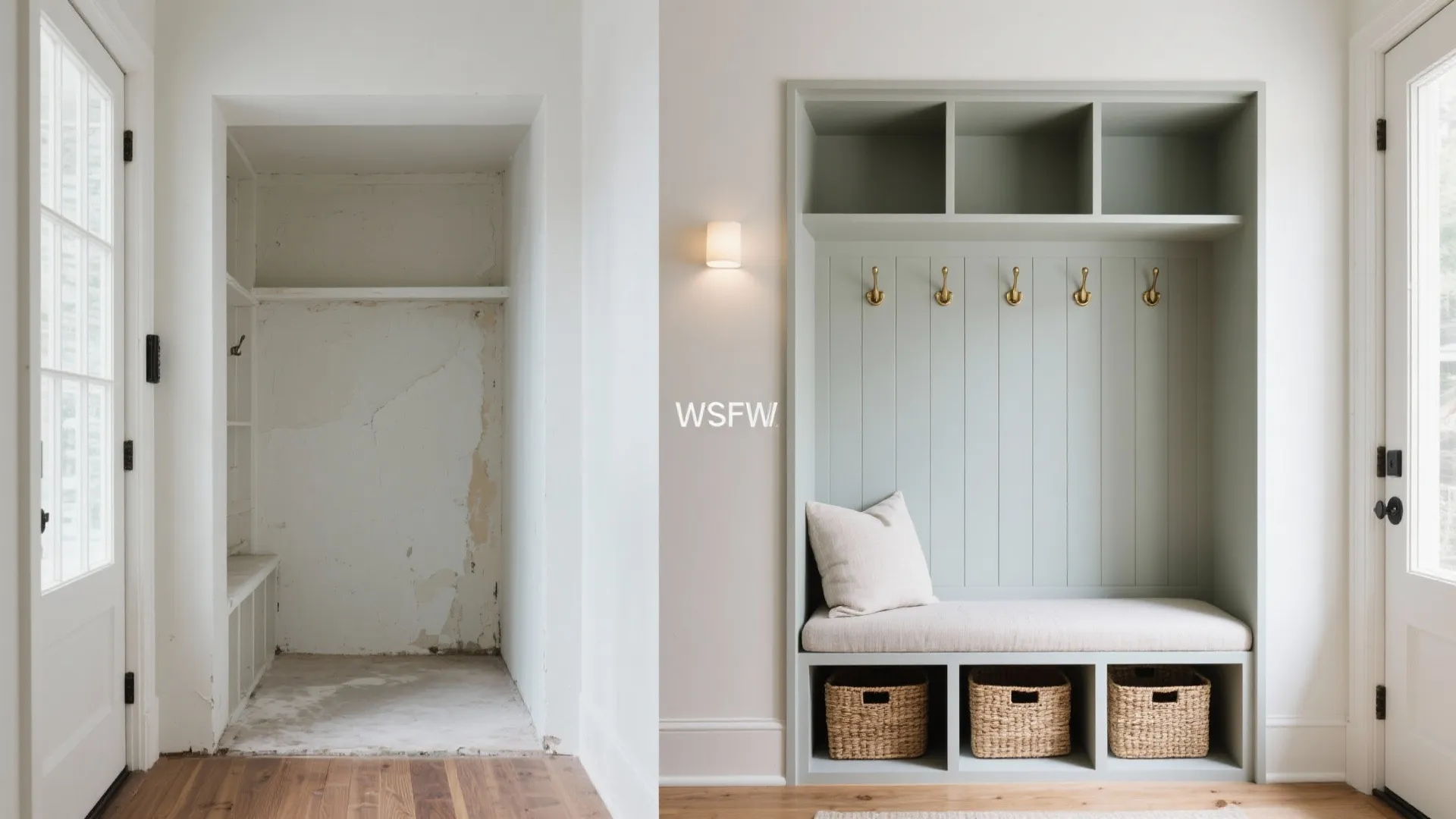 Before and after transformation of an empty closet into a organized mudroom with wall hooks