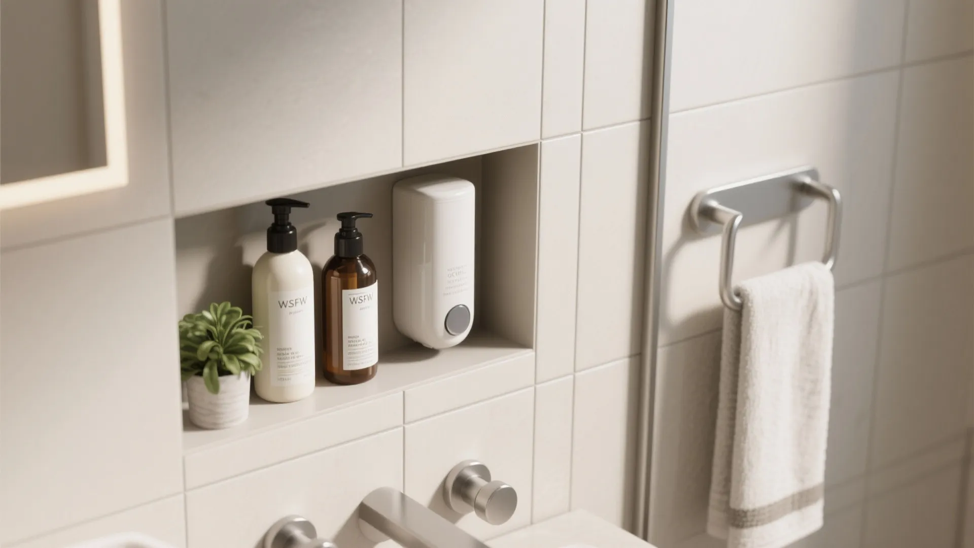 Built in wall shelf with soap bottles small plant towel rack and white bathroom tiles