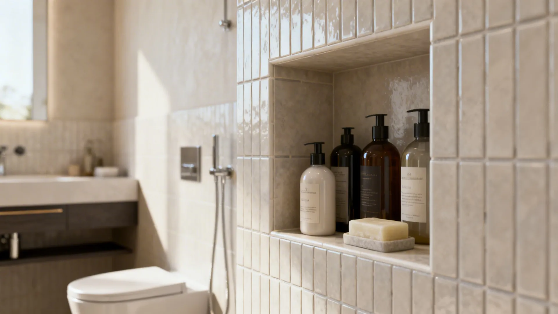 Close-up of a recessed shower niche with toiletries and waterproof tiled surround in a compact bathroom.