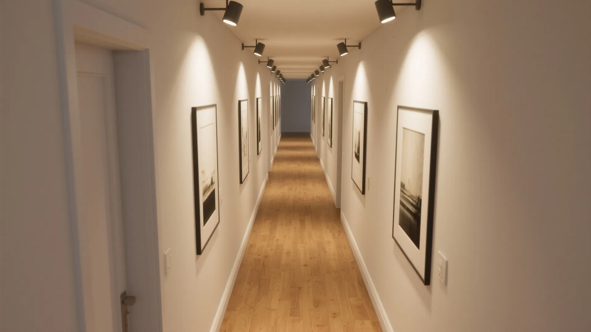Bright hallway with black wall lights shining on framed art pictures and light wood flooring