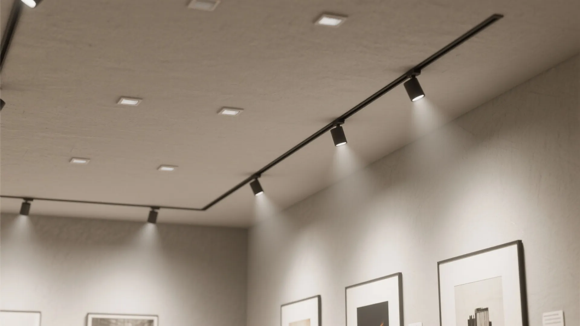 Modern ceiling light fixtures with black track lighting illuminating framed art pieces on a wall