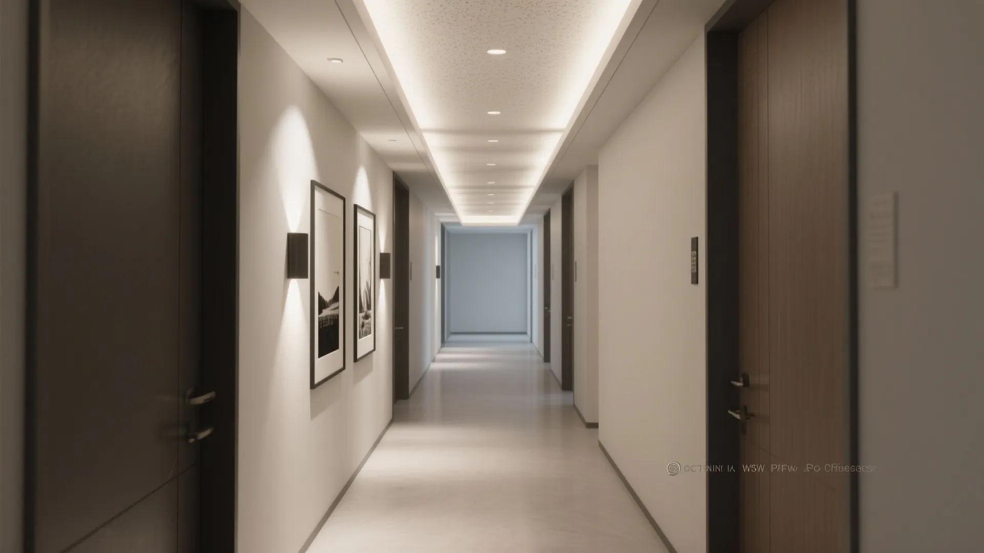 Minimal corridor with recessed ceiling spotlights highlighting framed art and creating a taller feel.