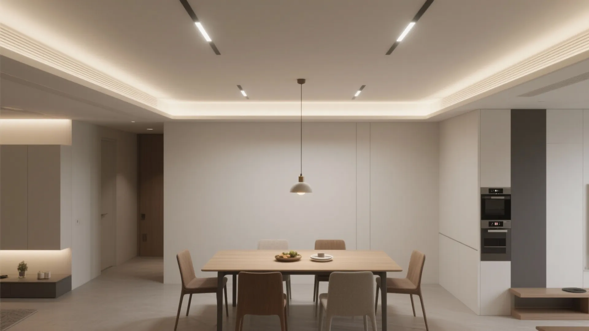 Modern dining room with wooden table six chairs hanging ceiling light and warm recessed ceiling lighting