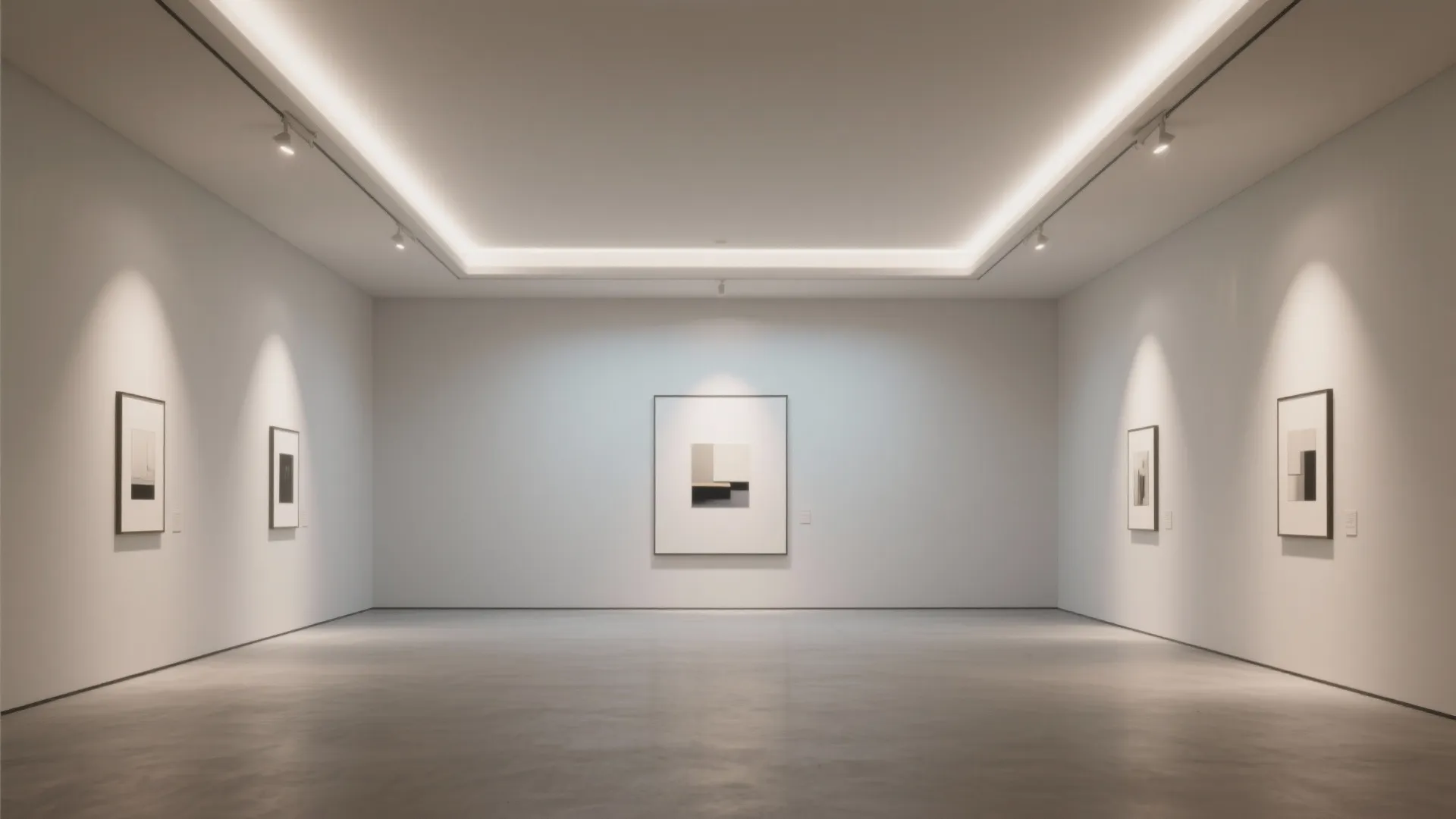 Minimalist white art gallery room with ceiling lights illuminating framed pictures on the clean walls