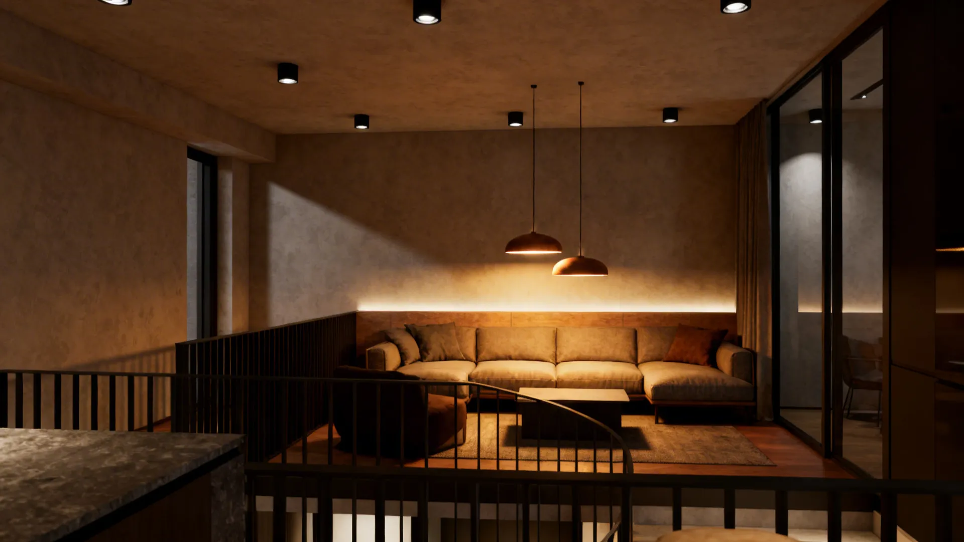 Loft living area with hanging pendants and recessed lights creating layered, even lighting.