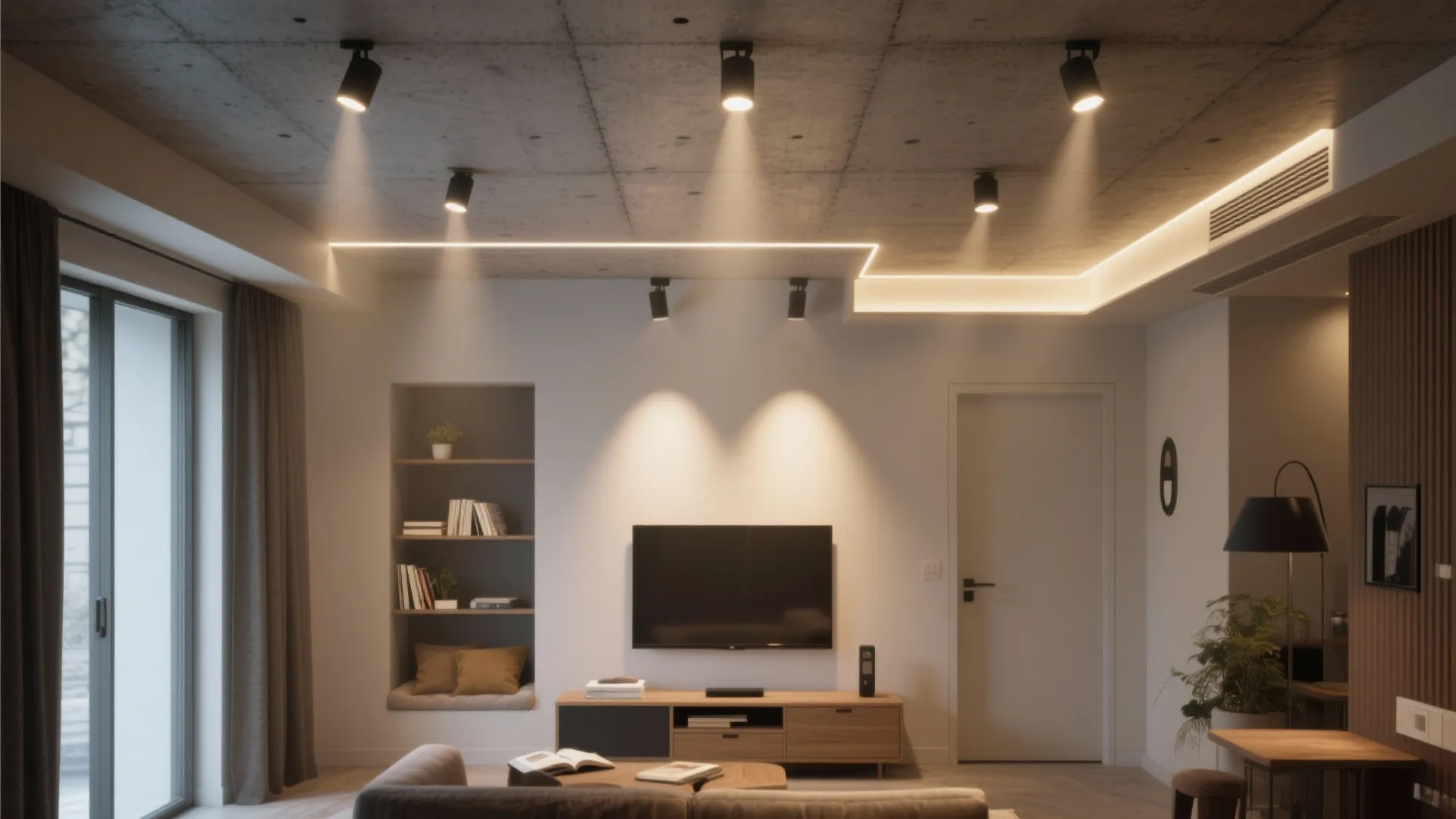 Living room with black light fixtures on concrete ceiling wooden cabinet television and white walls