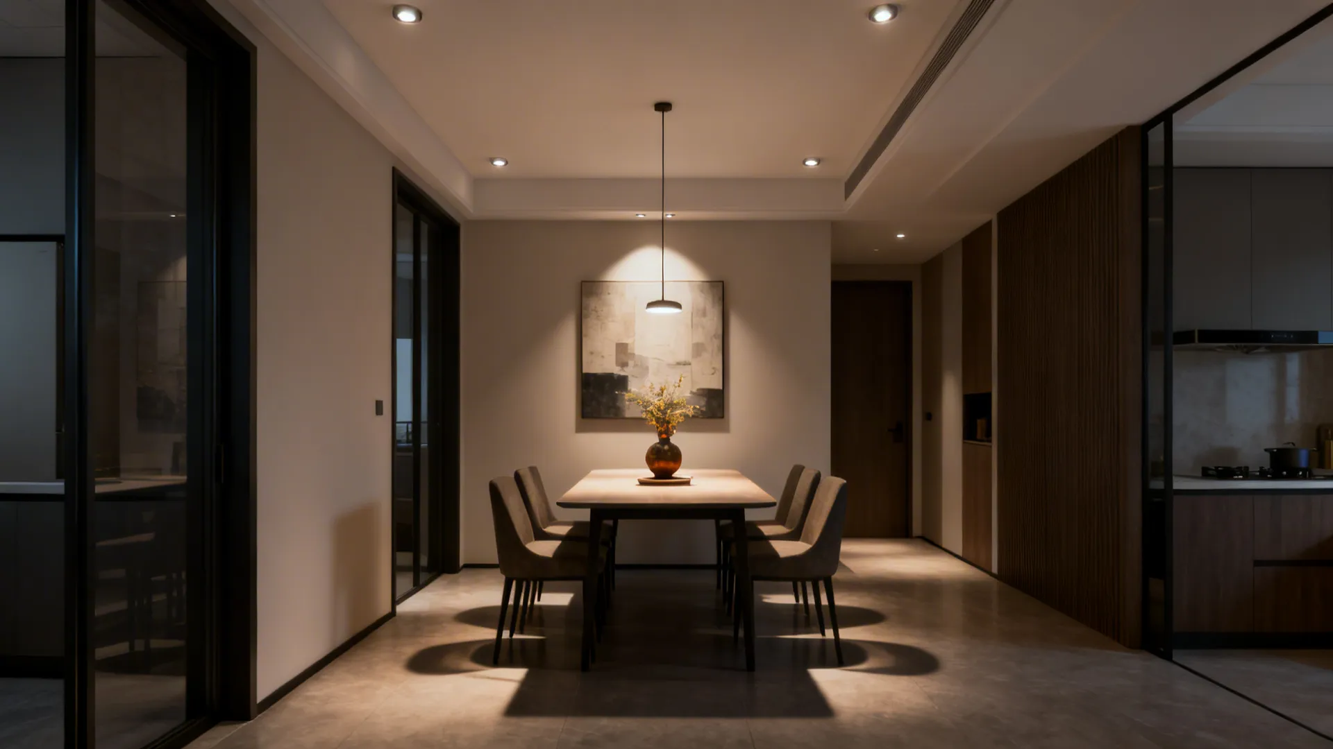 Open-plan dining area with recessed lights and accent spots on artwork