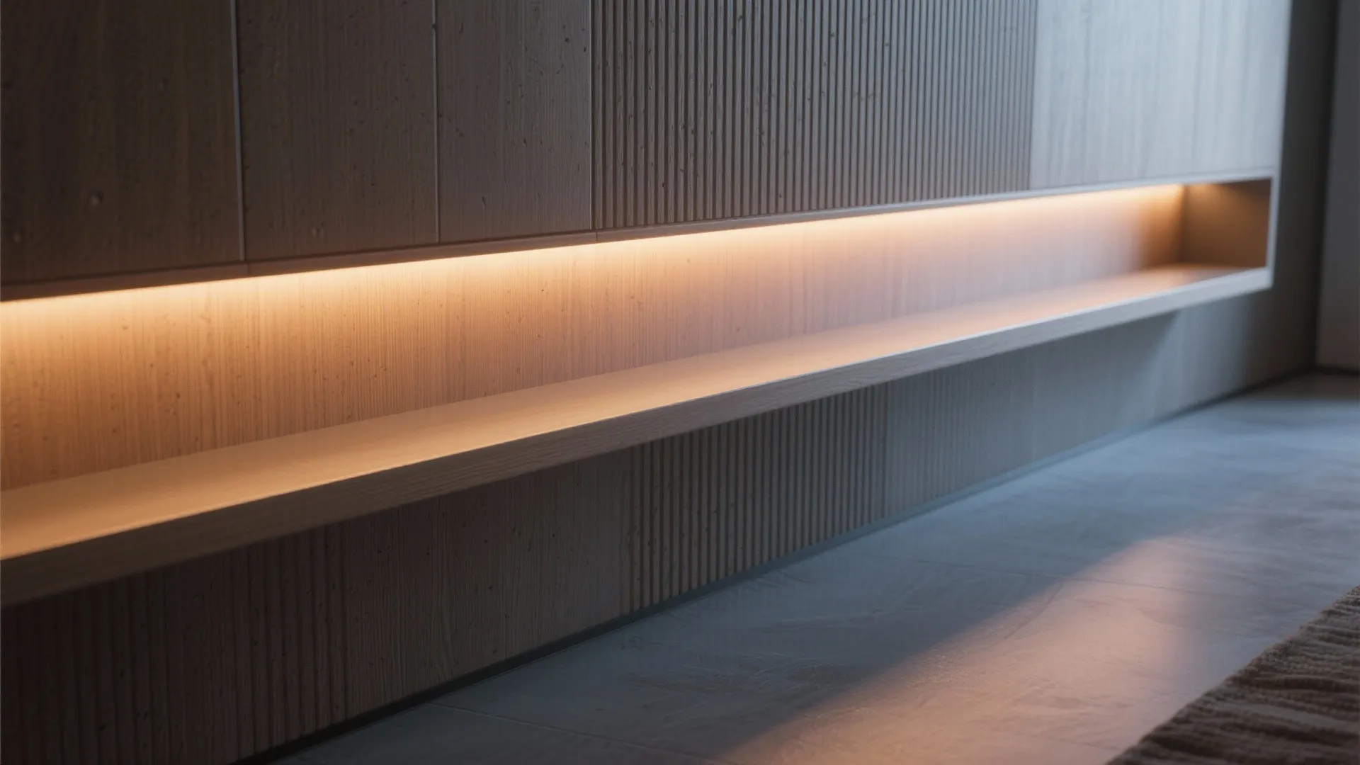 Media wall with a recessed groove hiding warm LED strip above a floating shelf.