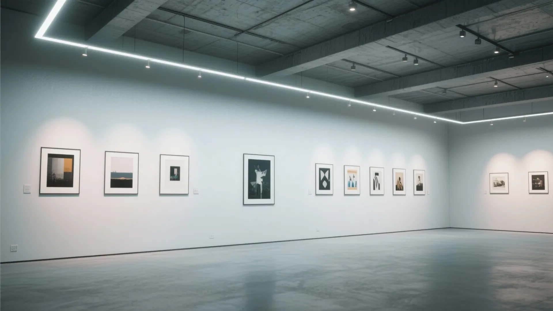 Modern art gallery interior with white walls framed pictures ceiling lights and industrial concrete ceiling