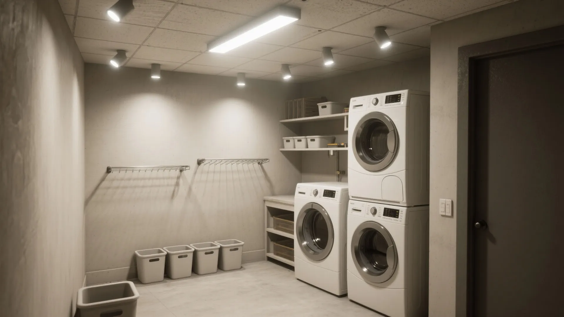 Compact laundry room with adjustable recessed LED downlights aimed at appliances and storage