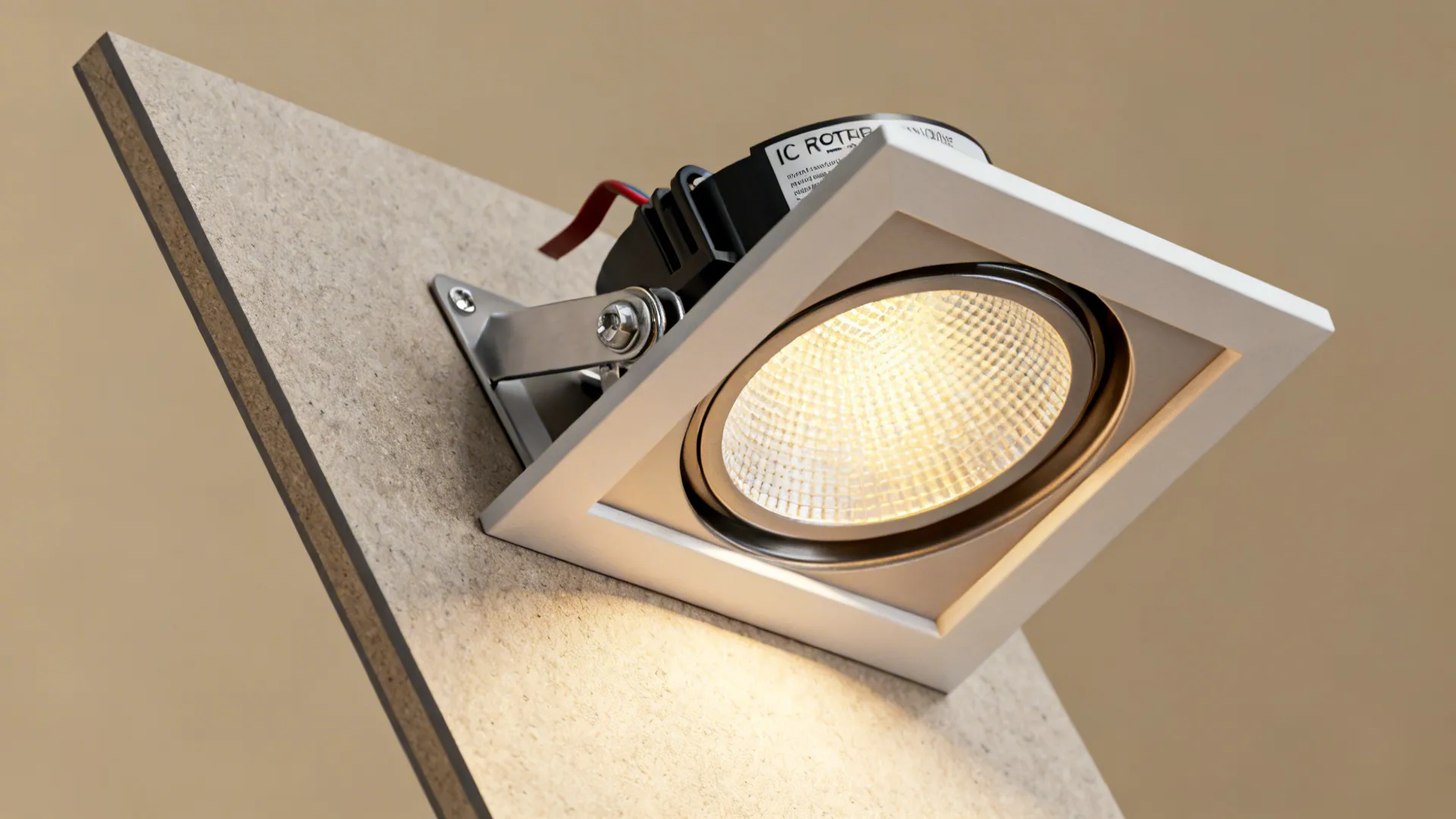 Adjustable recessed trim and IC-rated housing displayed on an angled ceiling sample.