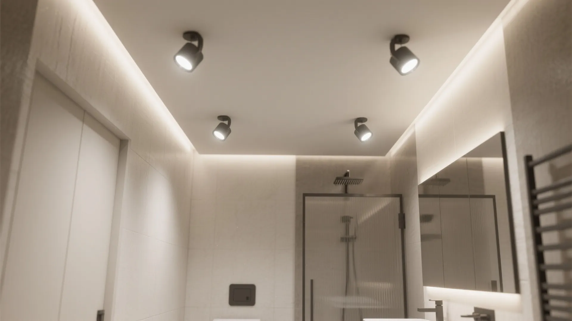 Modern bathroom ceiling with four black adjustable light fixtures and hidden led strip lighting effects