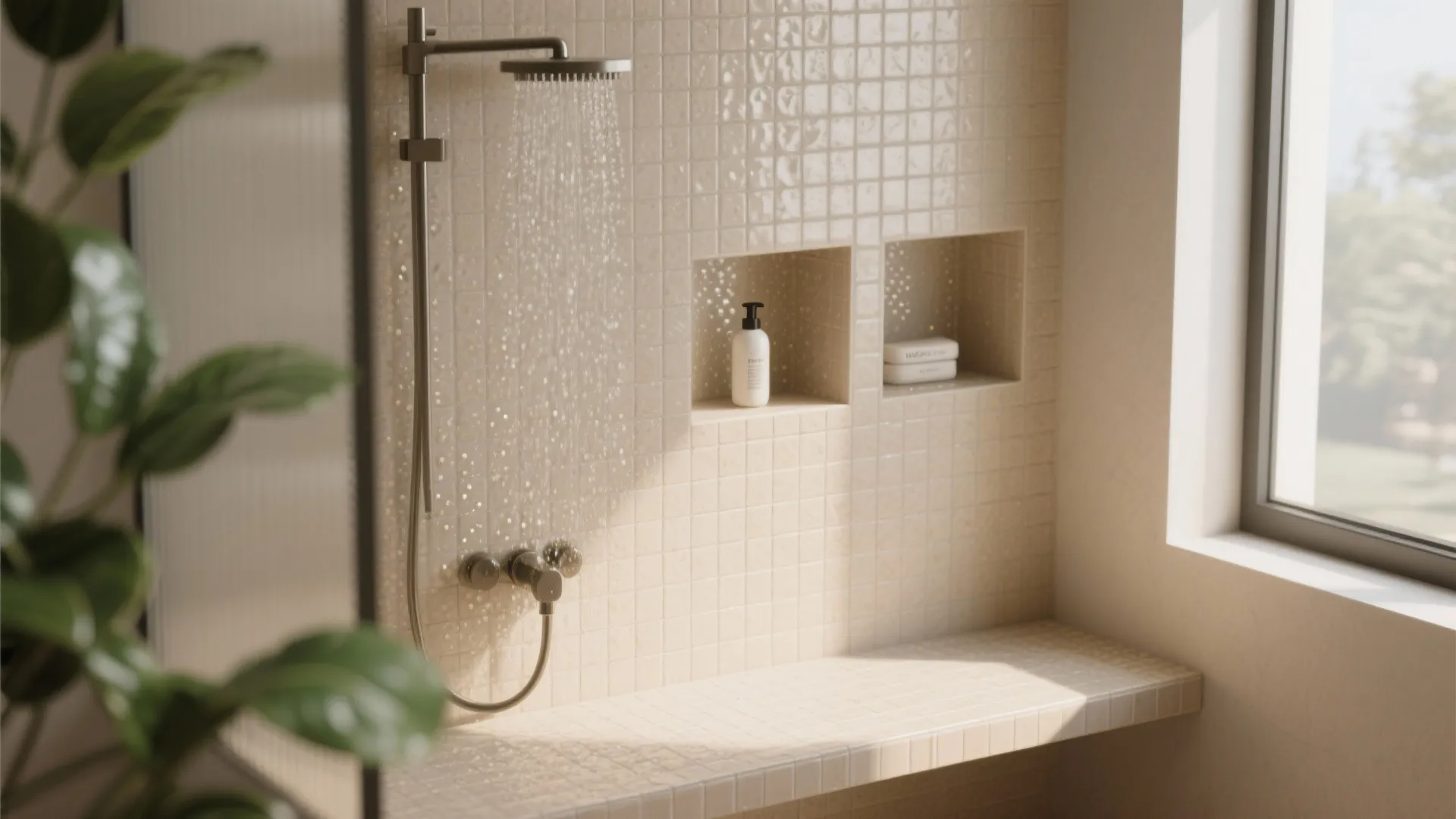 3. Recessed shower alcove with shallow bench