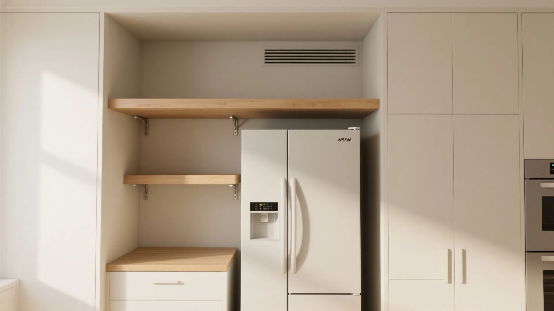 White fridge placed in wall alcove with wooden floating shelves and matching white storage cabinets