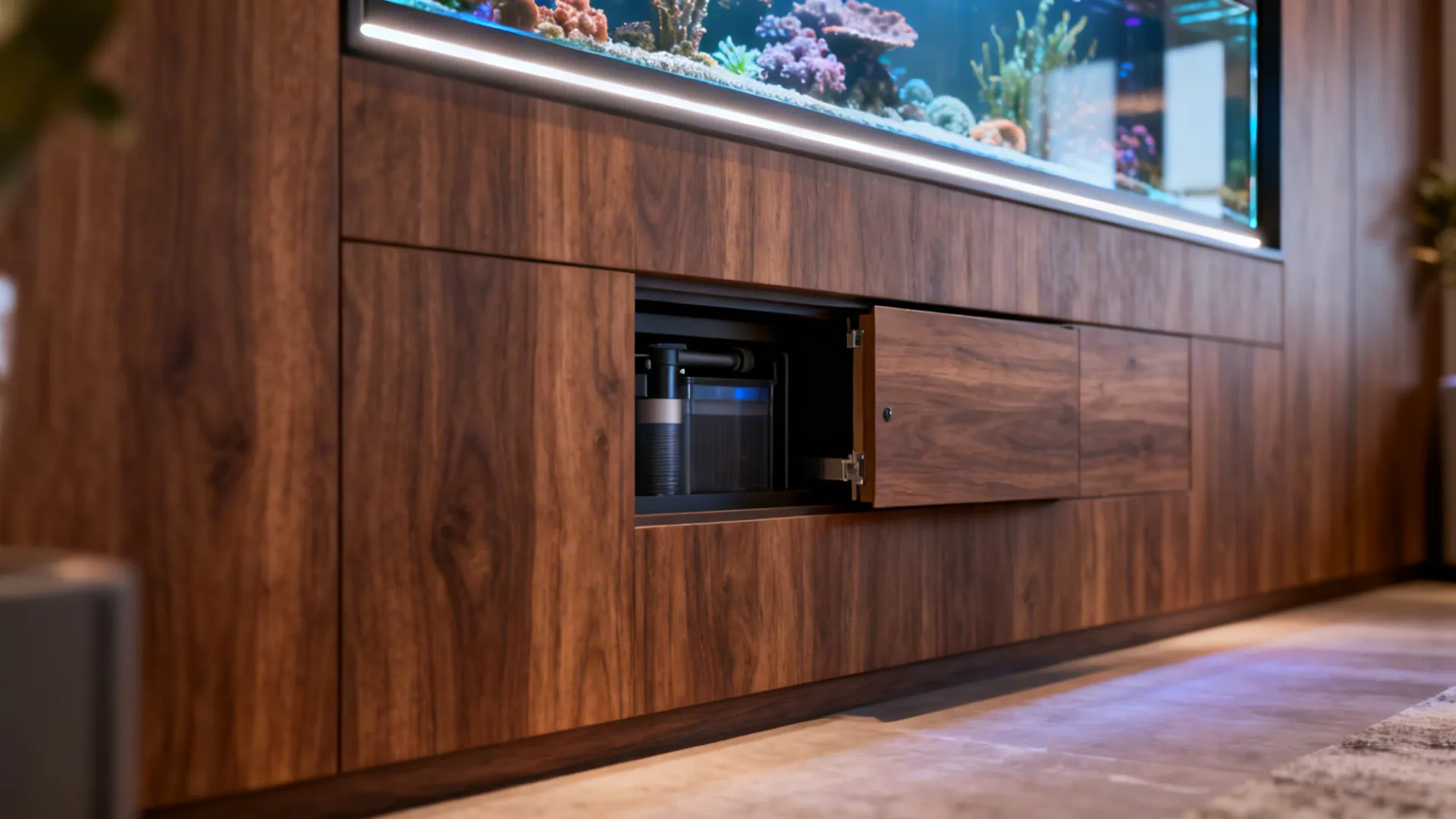 Close-up of recessed aquarium with hidden service panel open, showing easy filter access.