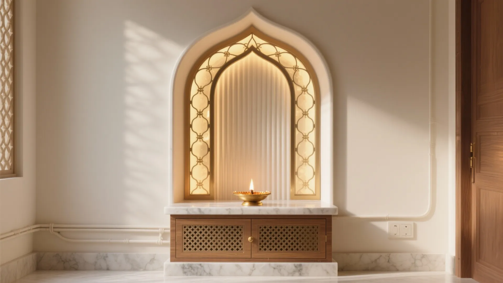 Elegant white wall niche with gold arch light fixture marble top and wooden storage cabinet