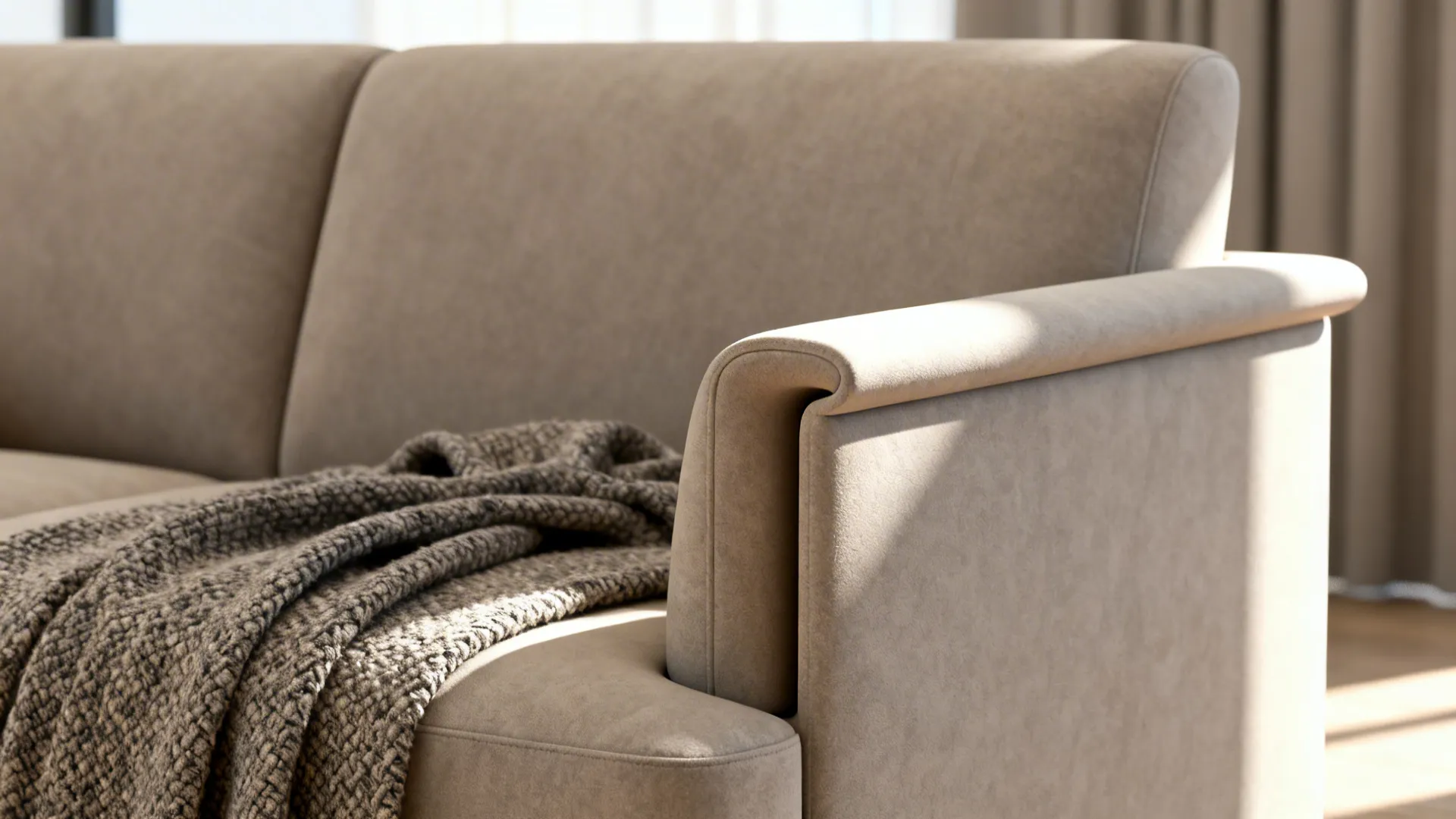 Chair with recessed tapered arms and a textured throw to emphasize reachability