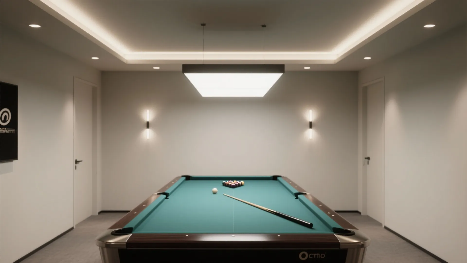 Minimalist room with green pool table, large square ceiling light, recessed lights and two doors