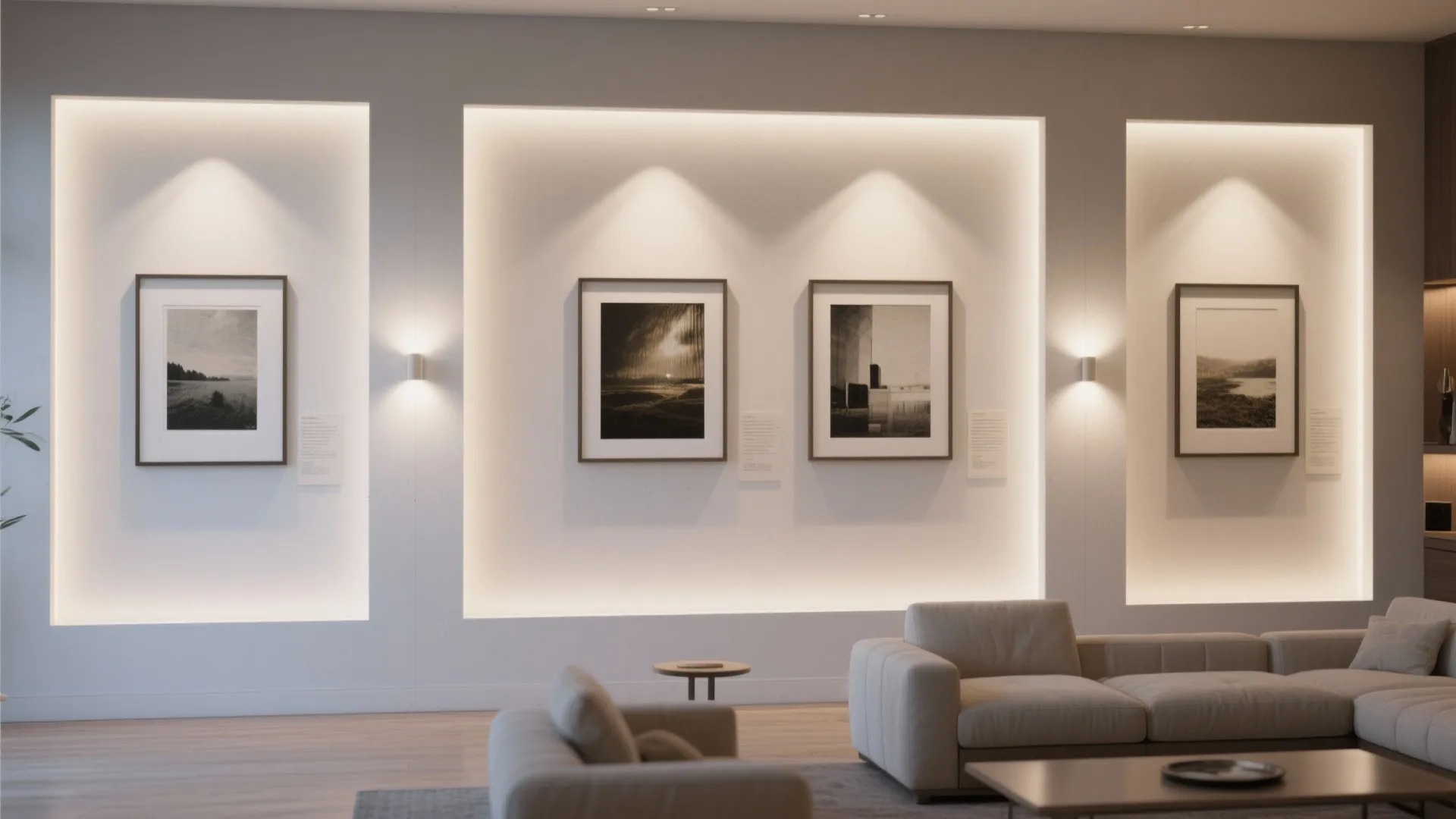 Recessed white wall lights highlighting artwork with clean, even beams