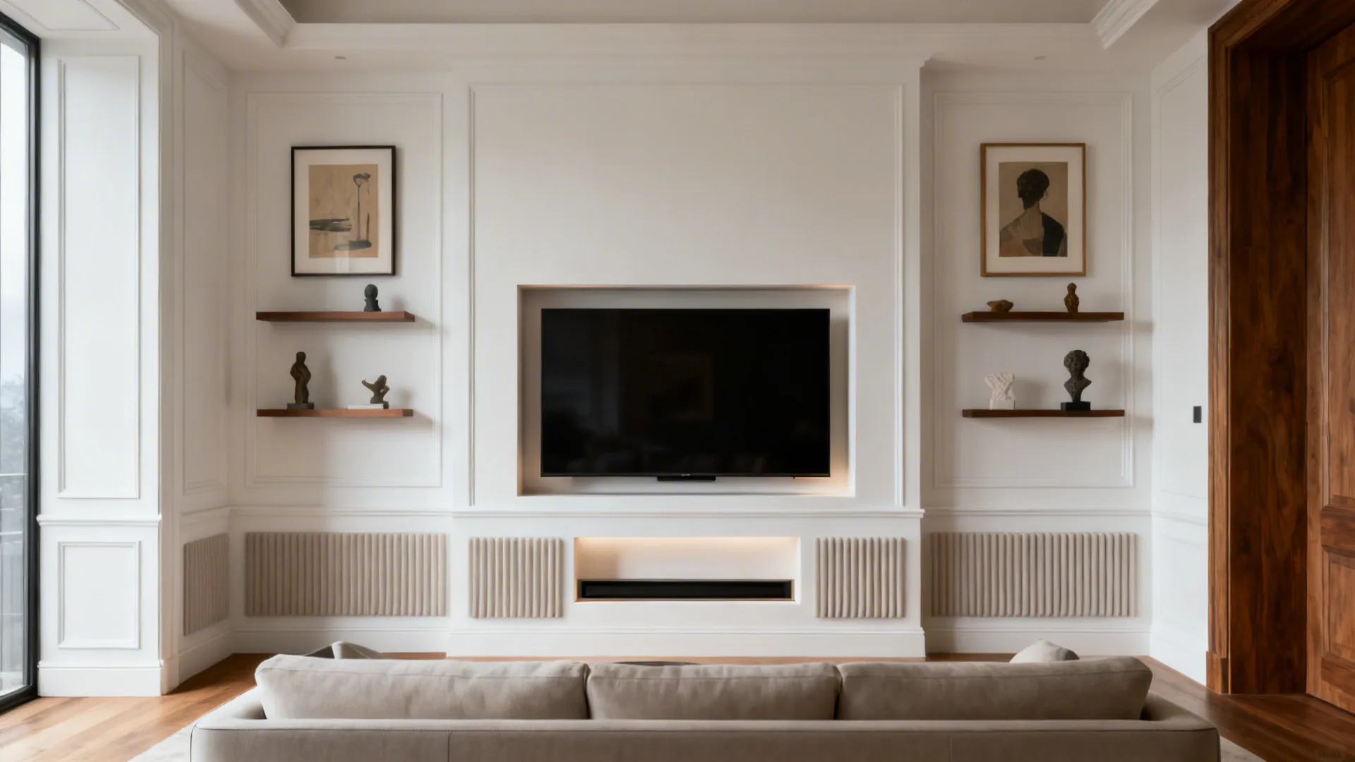 Recessed TV in a shallow niche with art shelves and matte finishes creating a gallery-like feature wall.