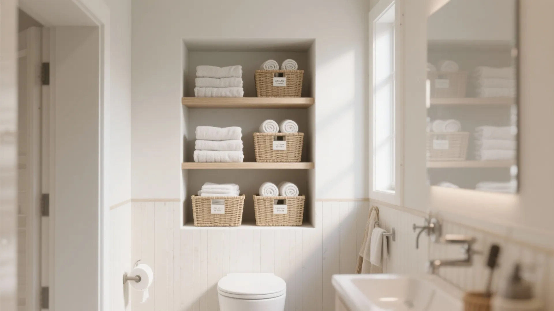 Recessed bathroom wall niche with towels and baskets