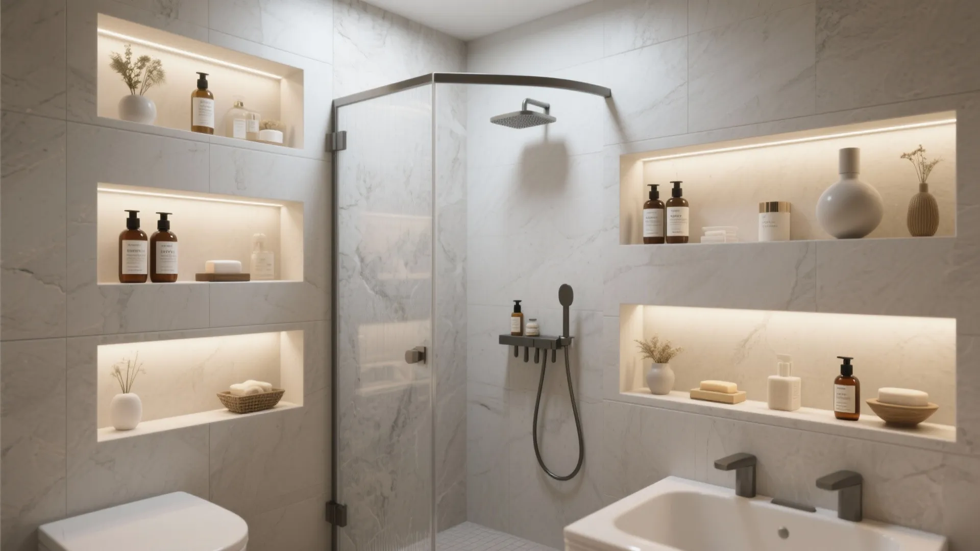 White marble shower room featuring recessed wall shelves with warm lighting for soap and skin products