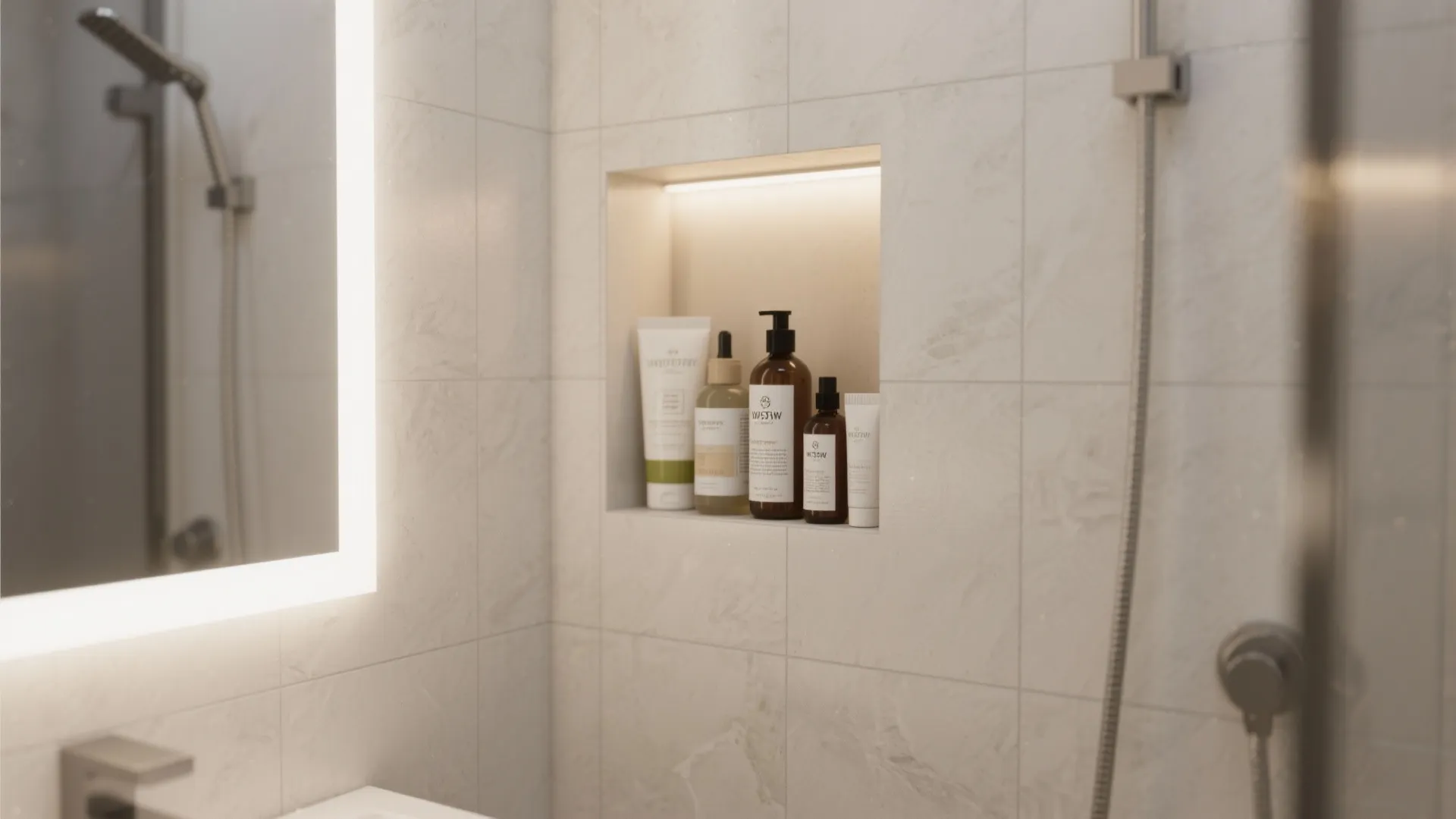 Modern shower wall with built in wall shelf holding bottles next to a bright mirror