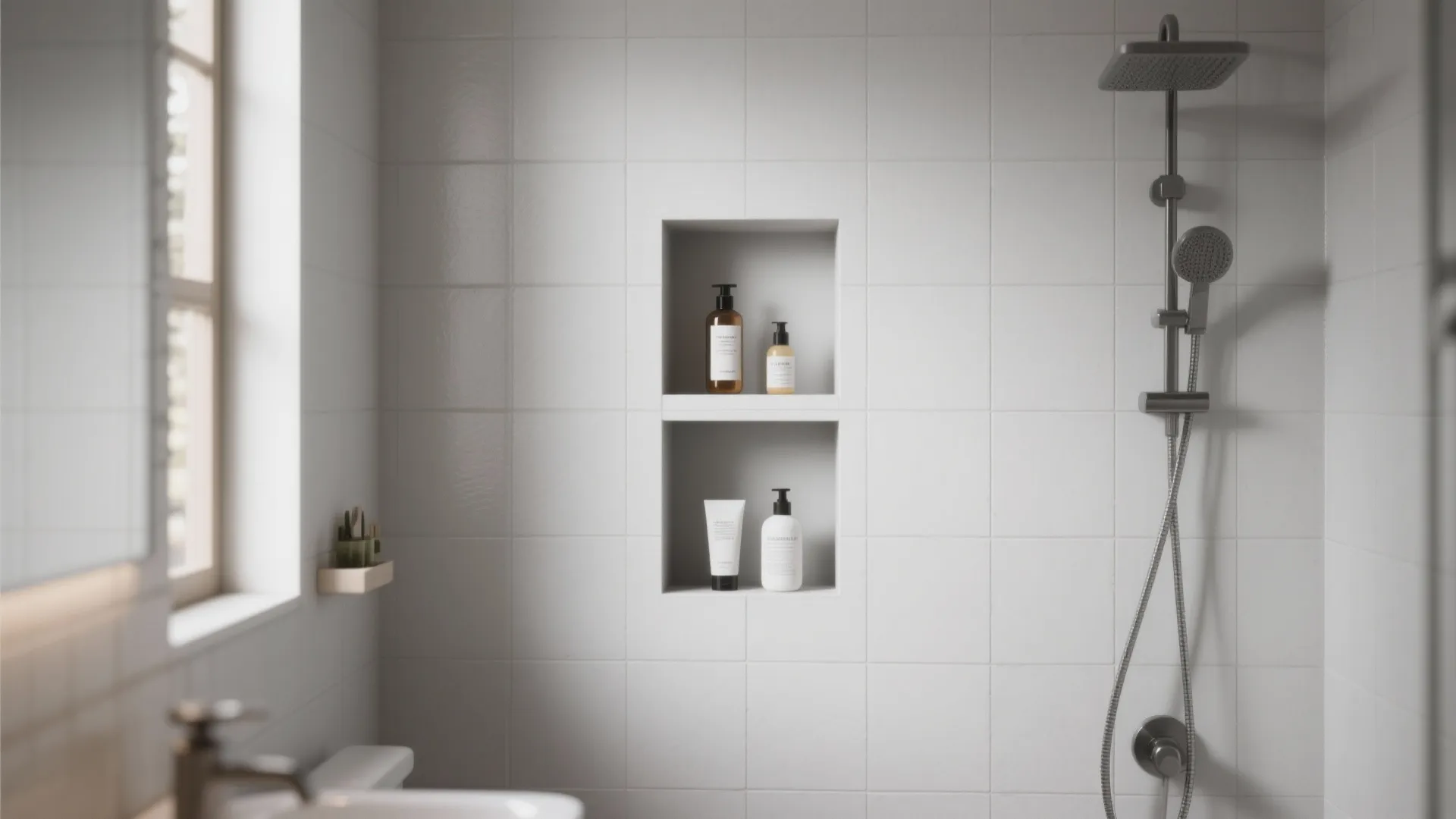 White tiled shower wall with two built-in wall shelves holding soap bottles and shower head