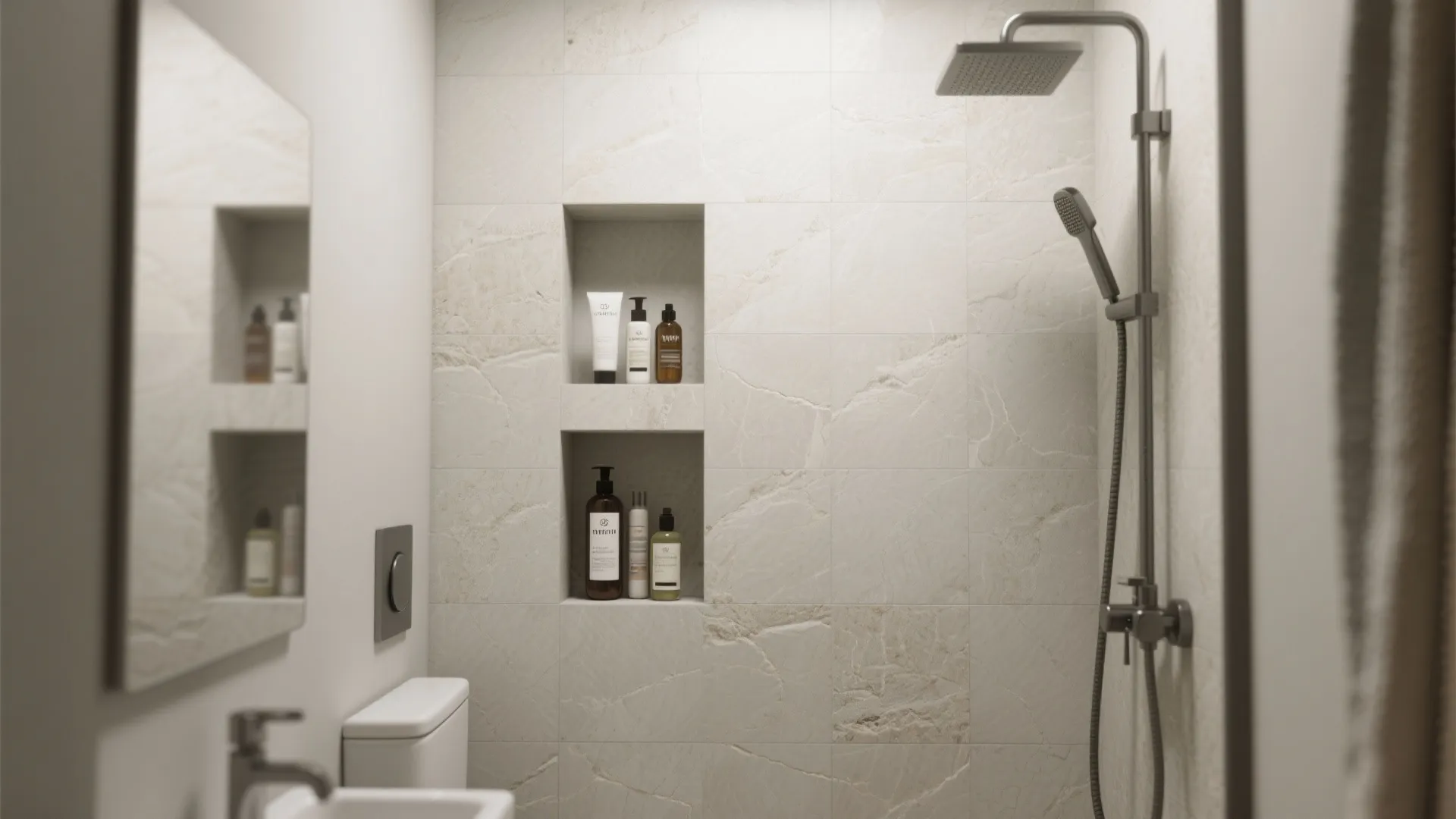 Modern bathroom shower area featuring built in wall shelves for shampoo bottles and silver shower