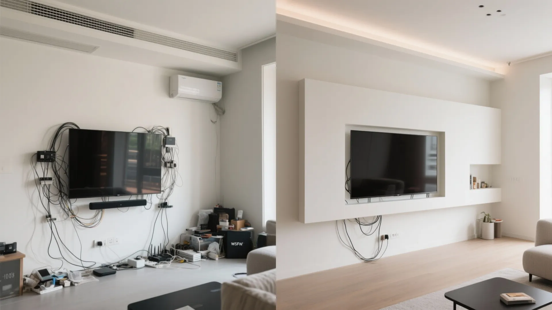 Before-and-after showing messy TV wall versus clean recessed niche with shadow gap