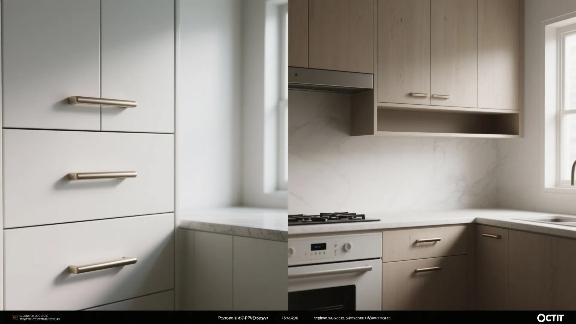 Side by side comparison of white kitchen cabinets and light wood kitchen cabinets with handles