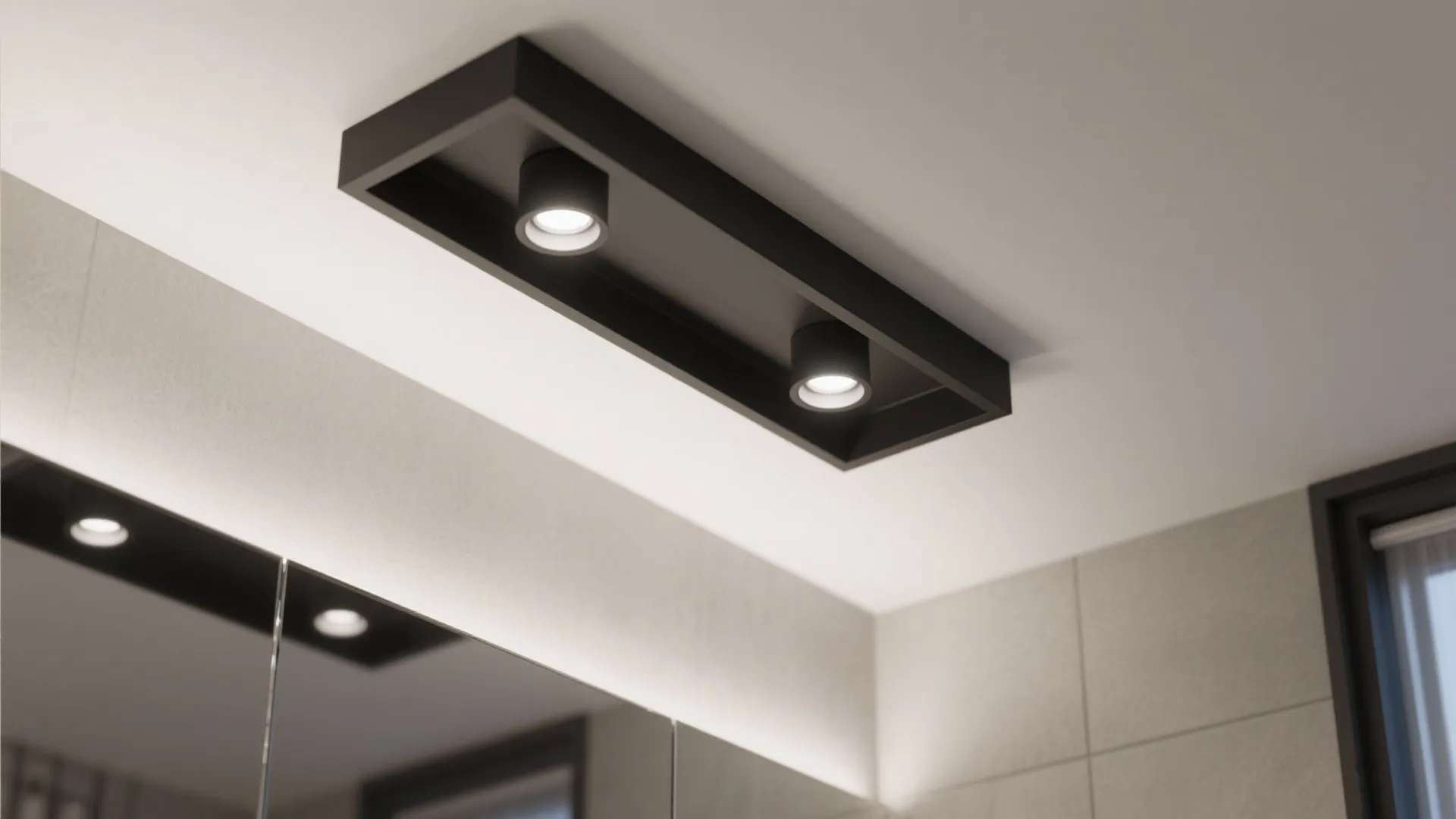 Modern black ceiling light fixture with two bright spotlights installed in a clean white ceiling