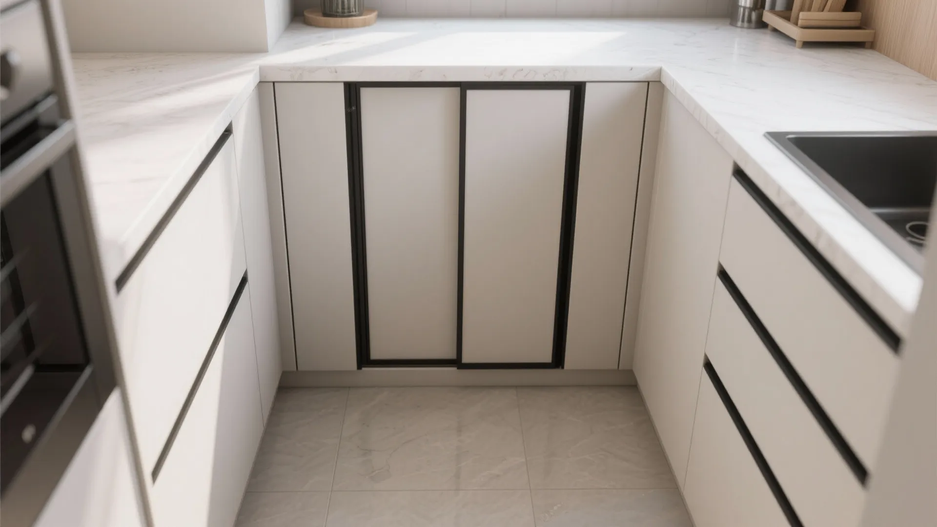 4. Black recessed pulls to save space in tight layouts