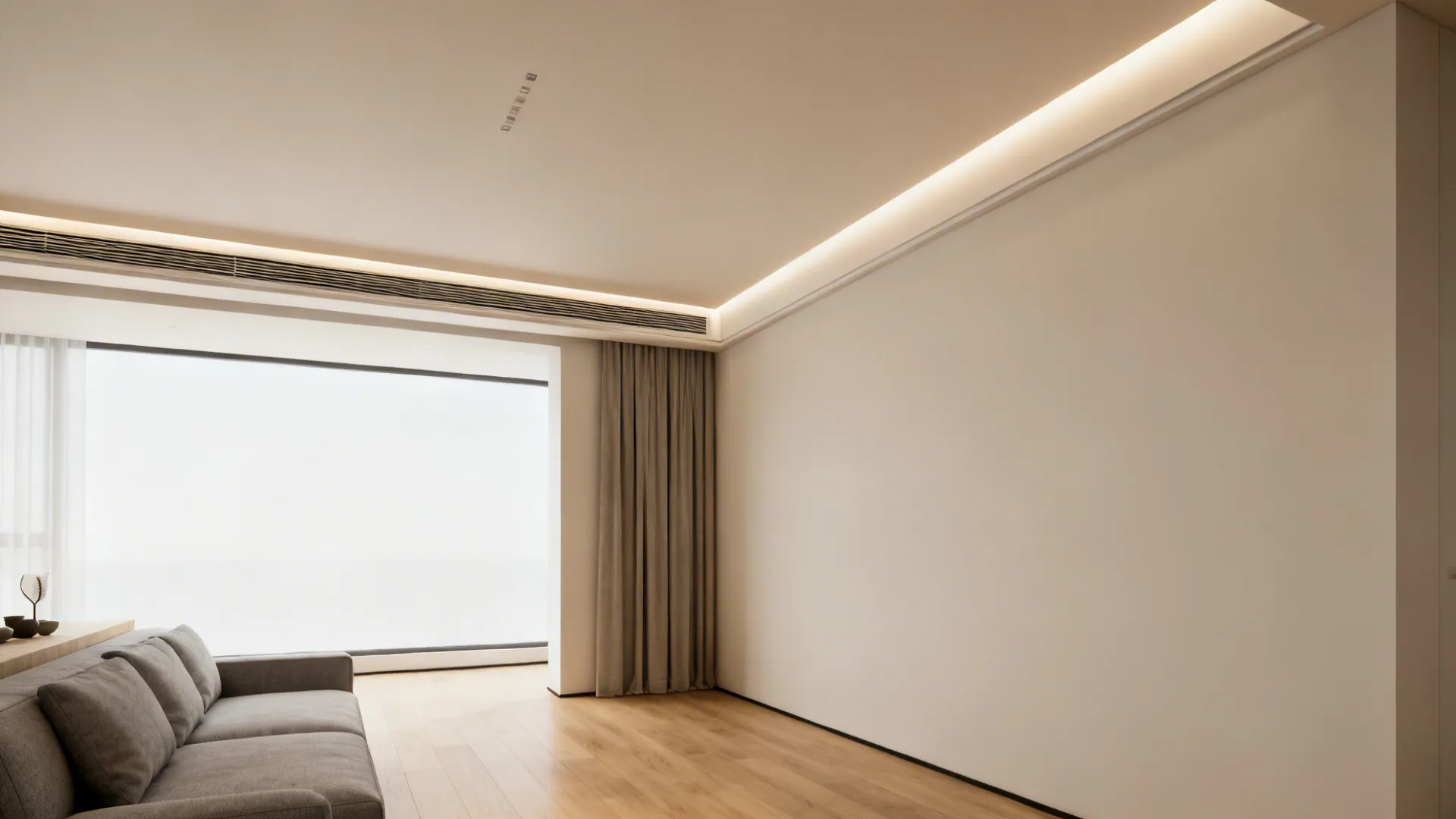 Living room with ultra-thin recessed ceiling border and soft perimeter lighting.