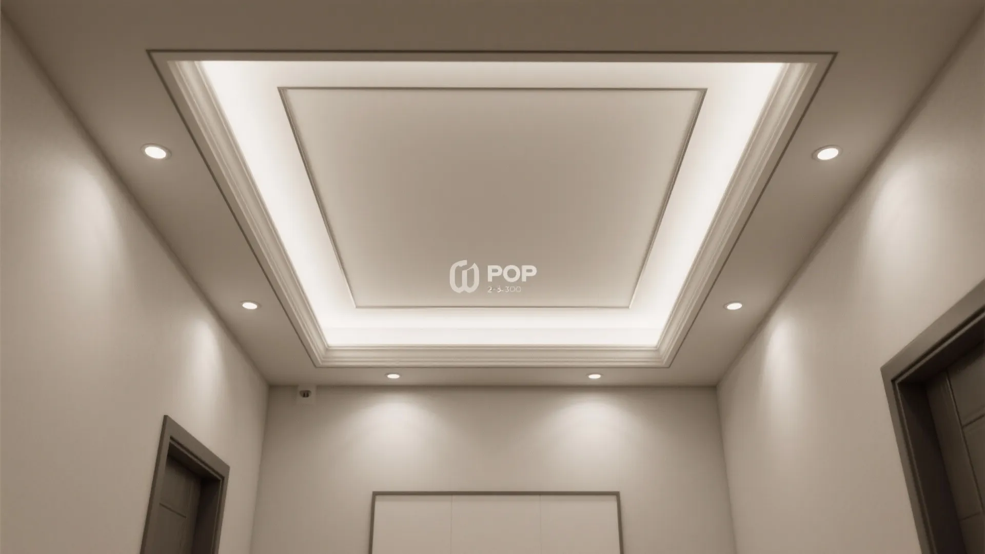 Modern recessed ceiling light design with square frame and soft warm light in a hallway