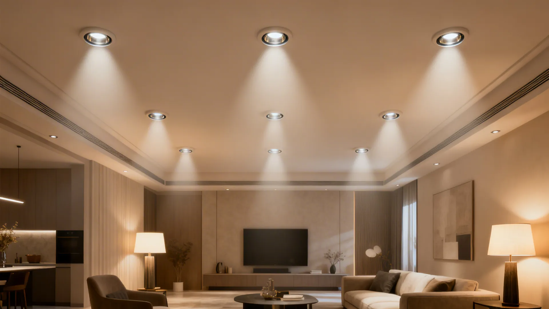 Living room with multiple recessed BR30 LED cans providing even directional lighting