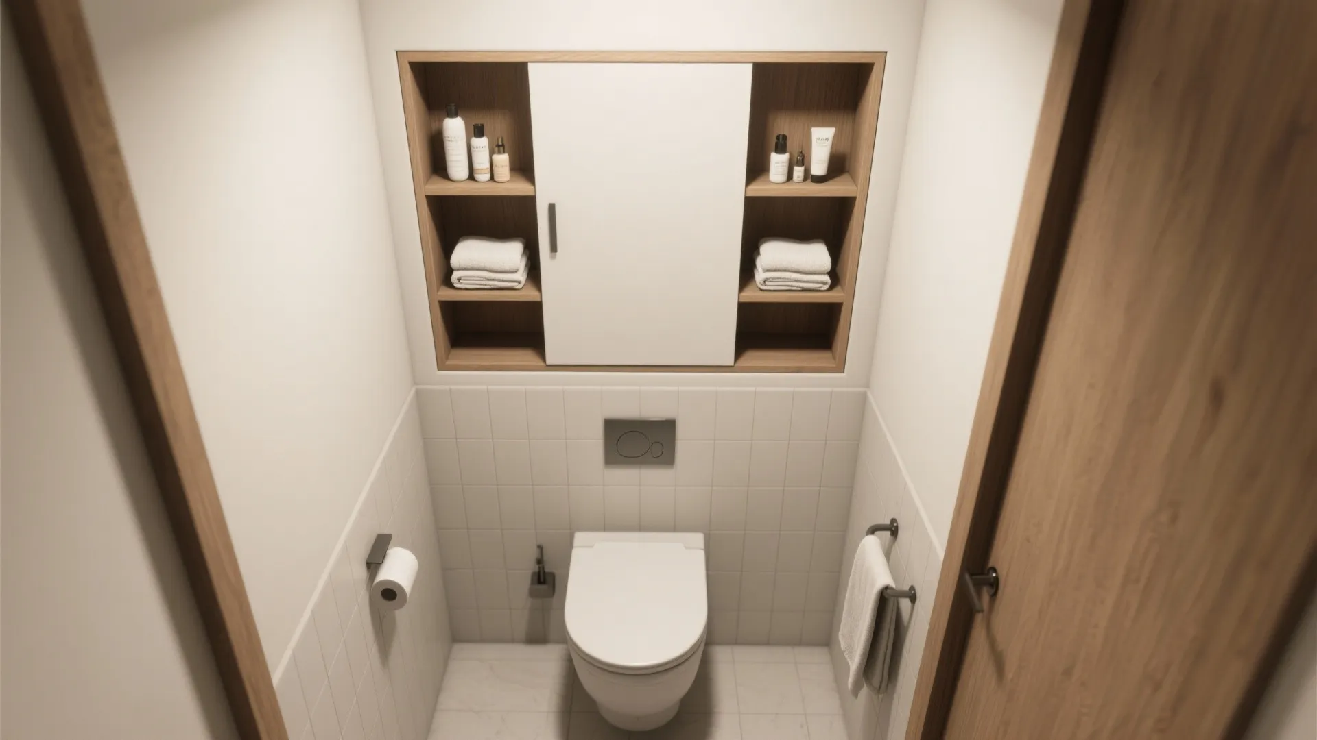 Recessed wall cabinet for tight bathrooms