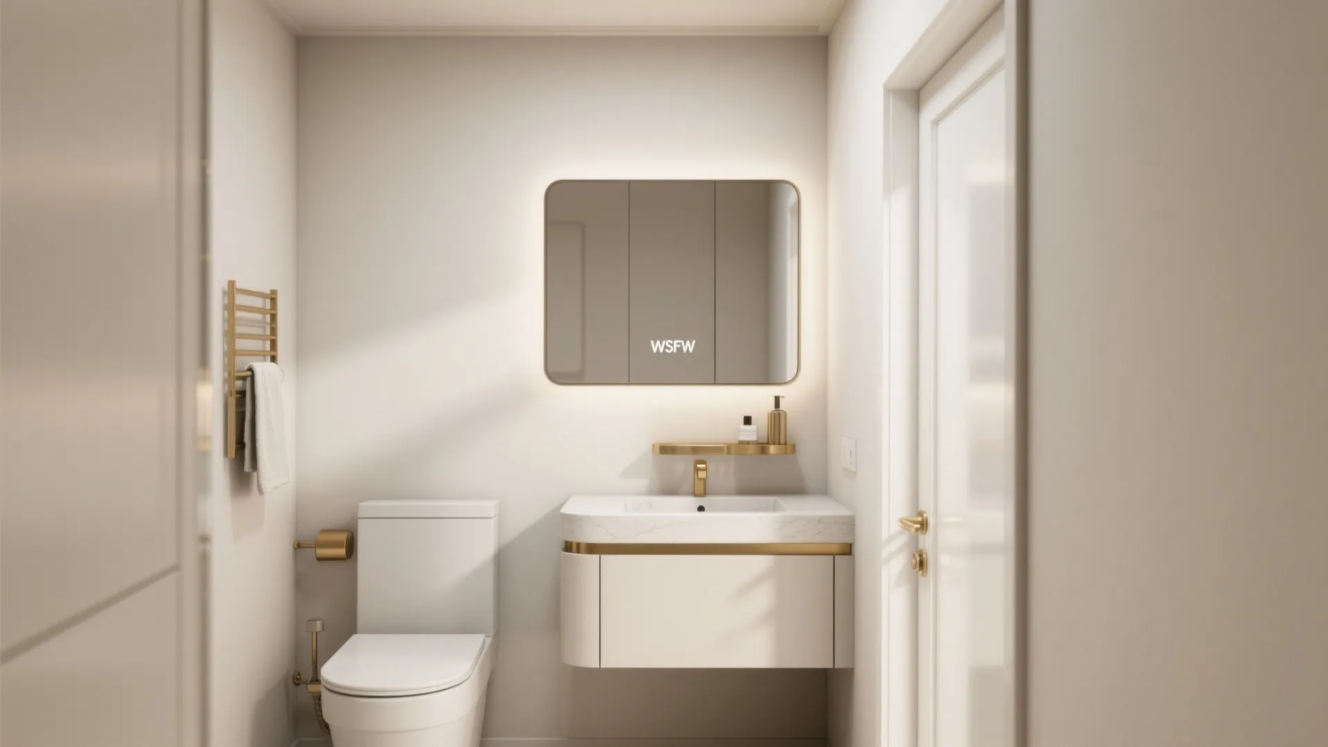 Modern bathroom interior design drawing with white toilet gold faucet sink vanity and wall mirror