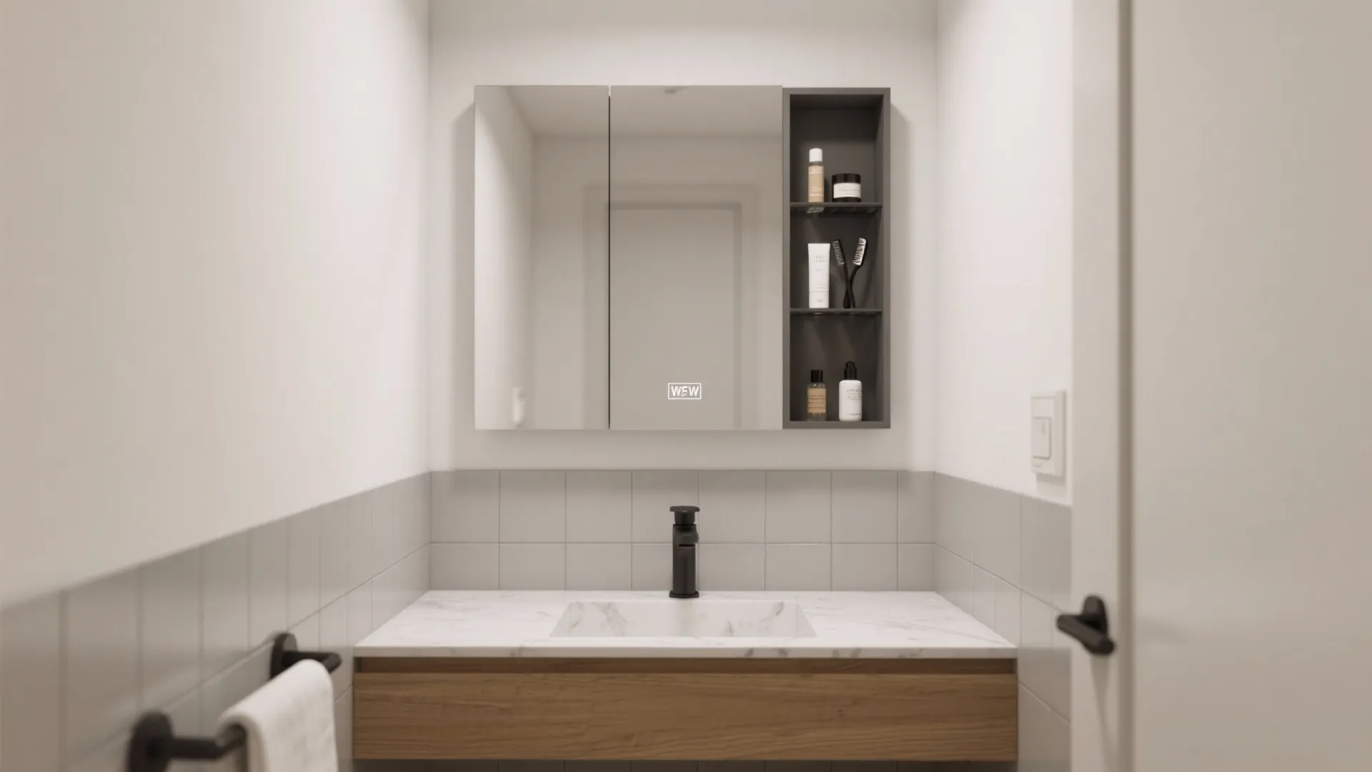 Modern bathroom with white marble sink wood cabinet mirror with light and dark gray wall shelves