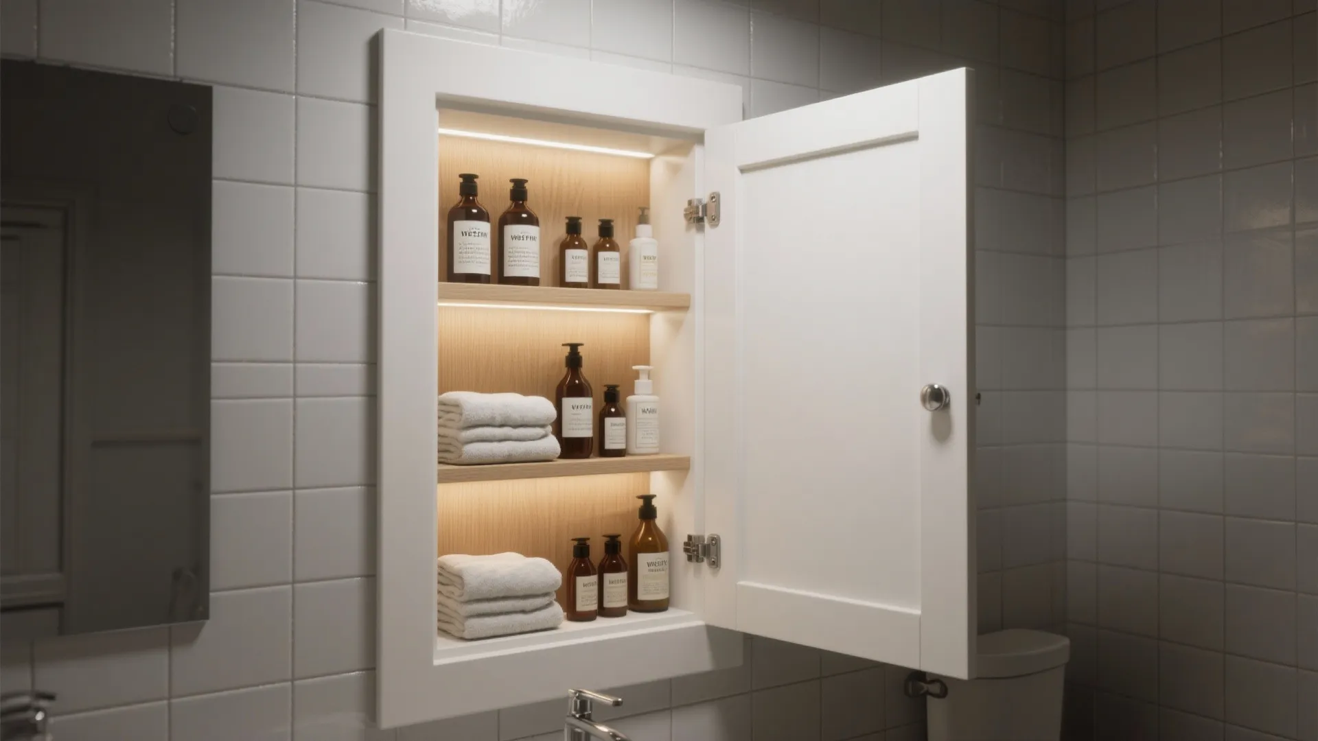 Open white bathroom wall cabinet with wooden shelves holding bottles and towels with built-in lighting